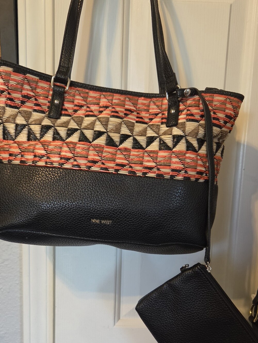 Nine West Black & Coral Woven-Accent Tote EUC